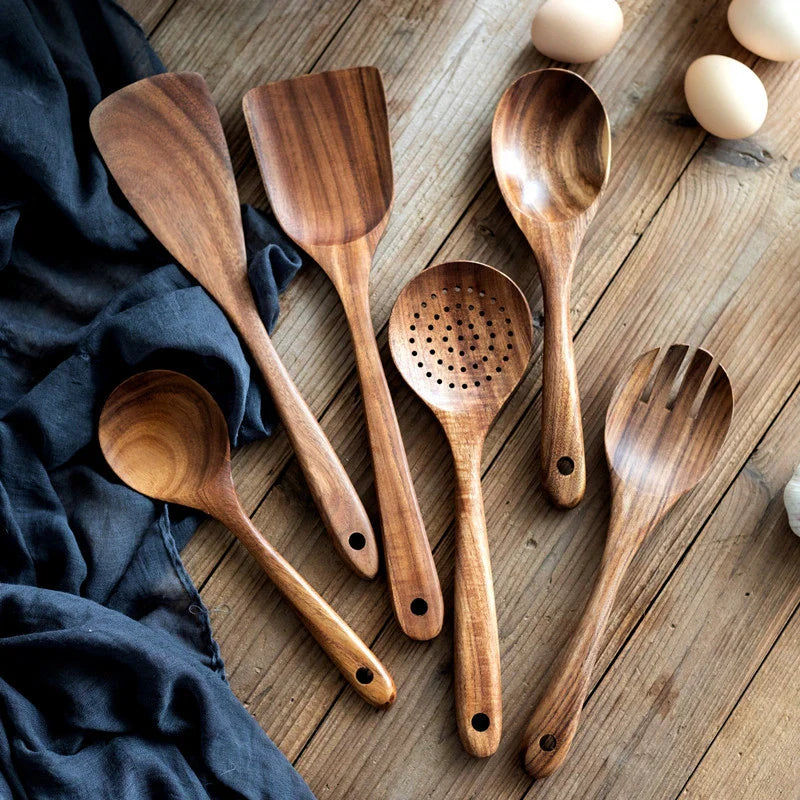 Konoco 8-Piece Natural Solid Wood Kitchen Utensil Set with Holder and Spoon Rest, Rustic Cooking Spoons and Spatulas for Nonstick Cookware