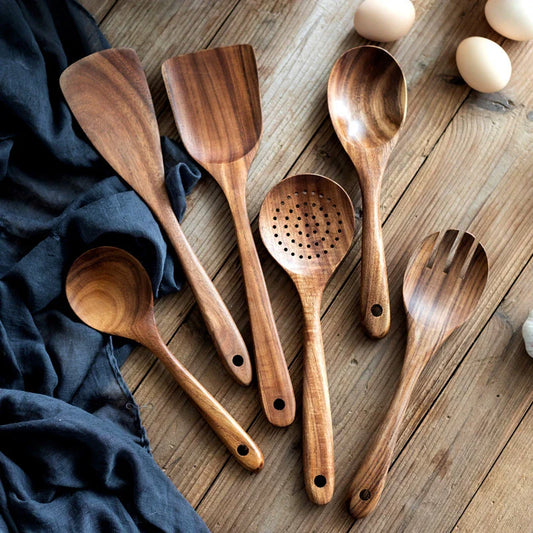 Konoco 8-Piece Natural Solid Wood Kitchen Utensil Set with Holder and Spoon Rest, Rustic Cooking Spoons and Spatulas for Nonstick Cookware