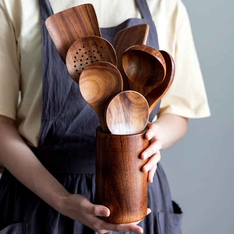 Konoco 8-Piece Natural Solid Wood Kitchen Utensil Set with Holder and Spoon Rest, Rustic Cooking Spoons and Spatulas for Nonstick Cookware