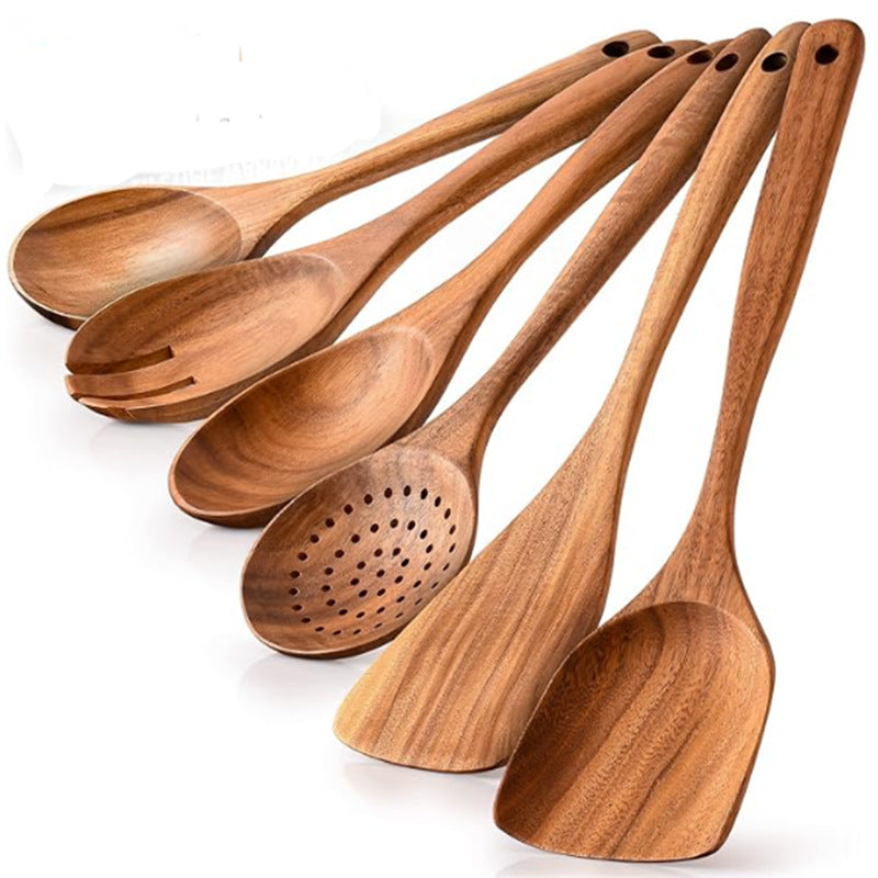 Konoco 8-Piece Natural Solid Wood Kitchen Utensil Set with Holder and Spoon Rest, Rustic Cooking Spoons and Spatulas for Nonstick Cookware