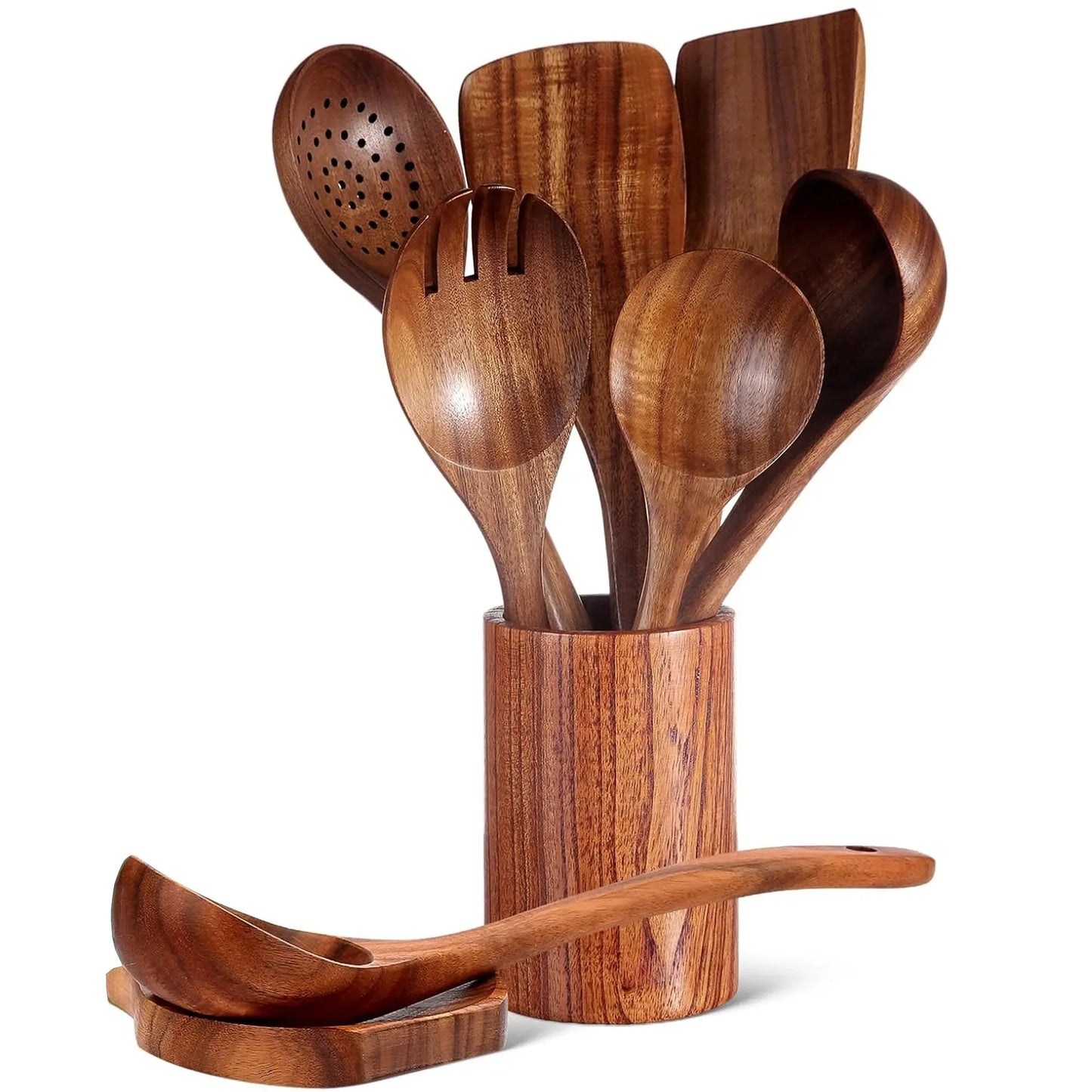 Konoco 8-Piece Natural Solid Wood Kitchen Utensil Set with Holder and Spoon Rest, Rustic Cooking Spoons and Spatulas for Nonstick Cookware