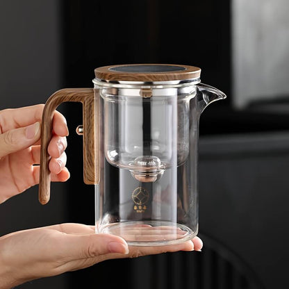 Konoco Glass Magnetic Teapot with Detachable Infuser and Wooden Handle, Borosilicate Glass Tea Maker, Clear