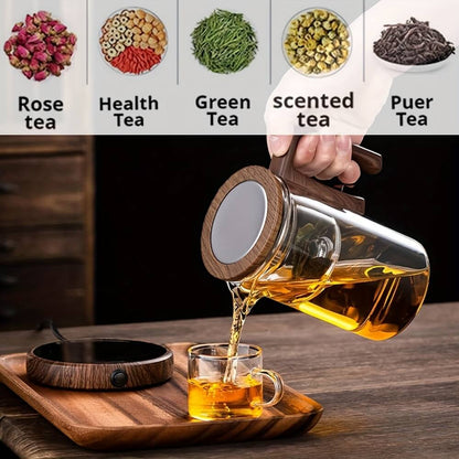 Konoco Glass Magnetic Teapot with Detachable Infuser and Wooden Handle, Borosilicate Glass Tea Maker, Clear