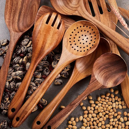 Konoco 8-Piece Natural Solid Wood Kitchen Utensil Set with Holder and Spoon Rest, Rustic Cooking Spoons and Spatulas for Nonstick Cookware