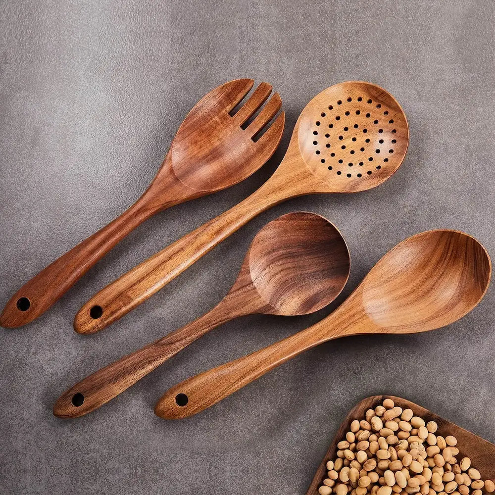 Konoco 8-Piece Natural Solid Wood Kitchen Utensil Set with Holder and Spoon Rest, Rustic Cooking Spoons and Spatulas for Nonstick Cookware